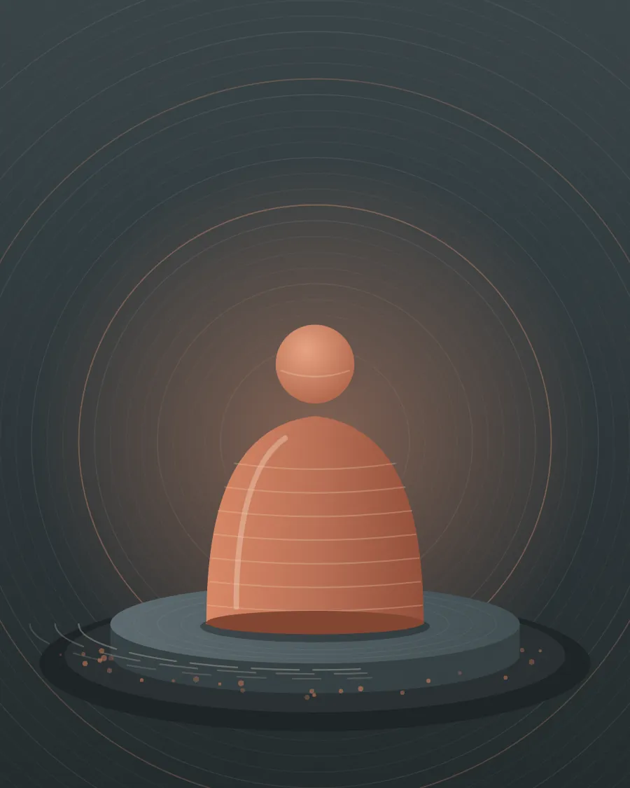 Illustration of a clay figure taking shape on a turning potter's wheel