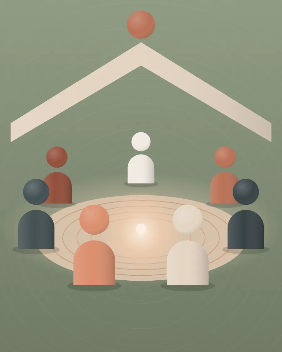 Illustration of seven people seated in a circle around a warm light, under the roof of a hut